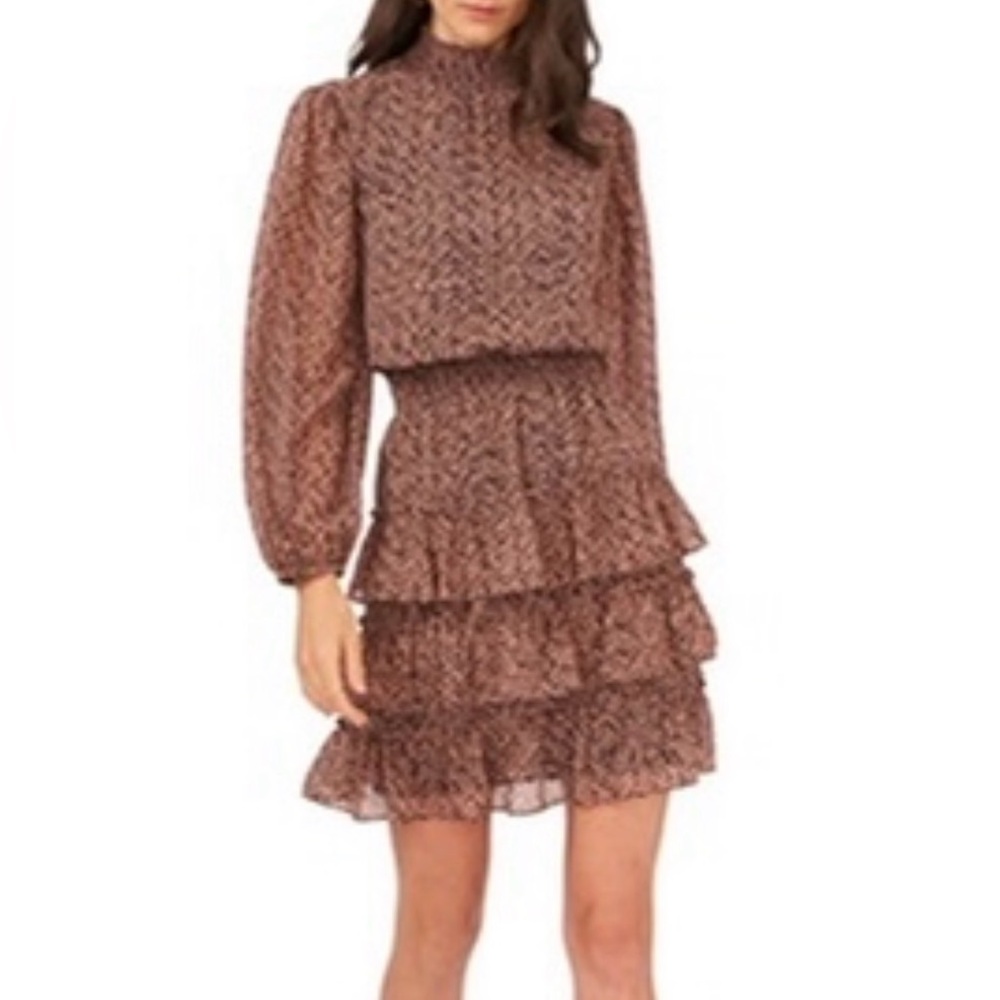 MSK Long Sleeve Tiered Dress in Black and Brown